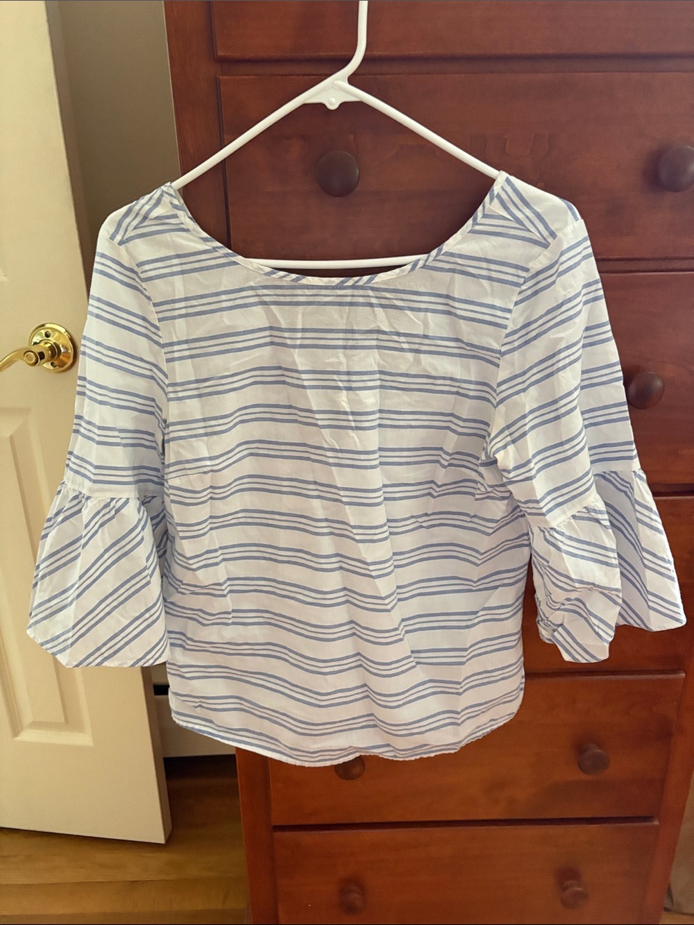 J. Crew White and Light Blue Striped Ruffle-Sleeve Blouse